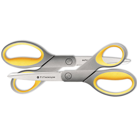 Titanium Bonded Scissors, 8" Long, 3.5" Cut Length, Gray-yellow Straight Handles, 2-pack