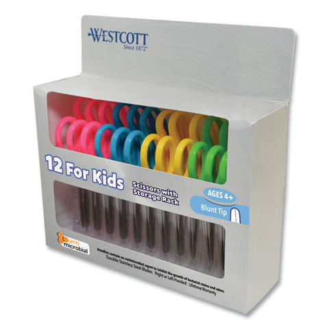Kids' Scissors With Antimicrobial Protection, Rounded Tip, 5" Long, 2" Cut Length, Assorted Straight Handles, 12-pack