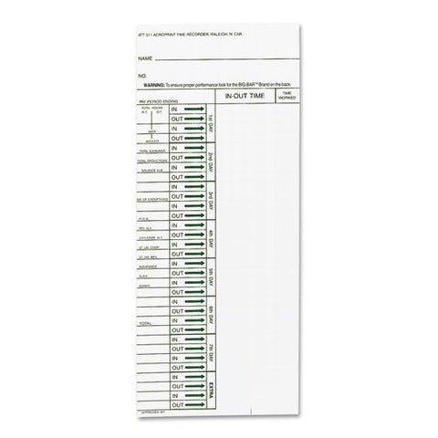 Time Card For Model Att310 Electronic Totalizing Time Recorder, Weekly, 200-pack