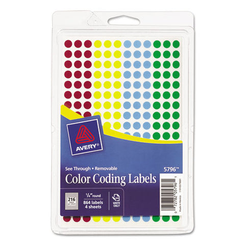 Handwrite-only Self-adhesive "see Through" Removable Round Color Dots, 0.25" Dia., Assorted, 216-sheet, 4 Sheets-pack, (5796)