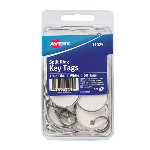 Key Tags With Split Ring, 1 1-4 Dia, White, 50-pack