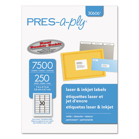 Labels, Laser Printers, 1 X 2.63, White, 30-sheet, 250 Sheets-box