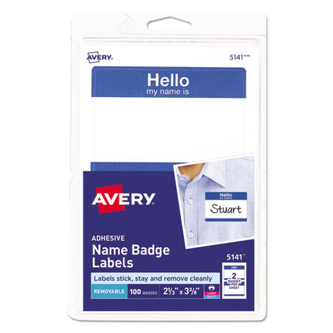 Printable Adhesive Name Badges, 3.38 X 2.33, Blue "hello", 100-pack