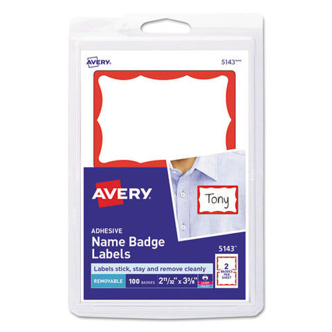 Printable Adhesive Name Badges, 3.38 X 2.33, Red Border, 100-pack