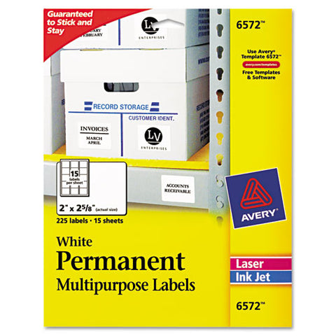 Permanent Id Labels W- Sure Feed Technology, Inkjet-laser Printers, 2 X 2.63, White, 15-sheet, 15 Sheets-pack