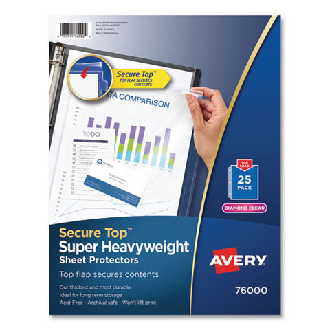 Secure Top Sheet Protectors, Super Heavy Gauge, Letter, Diamond Clear, 25-pack