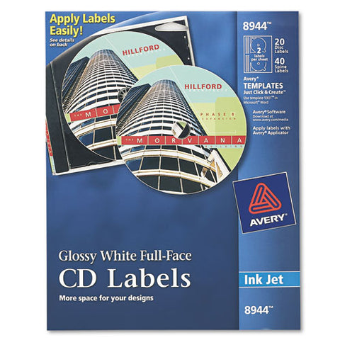 Inkjet Full-face Cd Labels, Glossy White, 20-pack