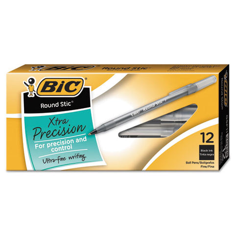 Round Stic Xtra Precision Stick Ballpoint Pen, 0.8 Mm, Black Ink, Smoke Barrel, Dozen