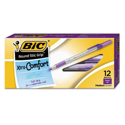 Round Stic Grip Xtra Comfort Stick Ballpoint Pen, 1.2mm, Purple Ink, Gray Barrel, Dozen
