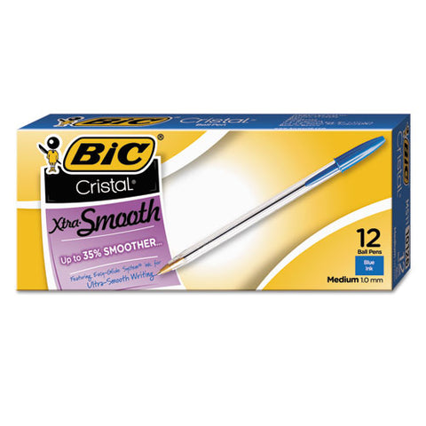 Cristal Xtra Smooth Stick Ballpoint Pen, 1mm, Blue Ink, Clear Barrel, Dozen