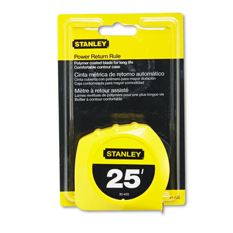 Power Return Tape Measure, Plastic Case, 1" X 25ft, Yellow