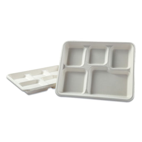 Bagasse Molded Fiber Dinnerware, 5-compartment Tray, 8 X 12, White, 500-carton