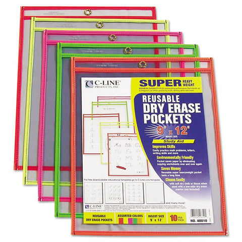 Reusable Dry Erase Pockets, 9 X 12, Assorted Neon Colors, 10-pack