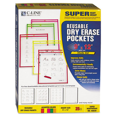 Reusable Dry Erase Pockets, 9 X 12, Assorted Neon Colors, 25-box