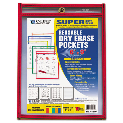 Reusable Dry Erase Pockets, 6 X 9, Assorted Primary Colors, 10-pack