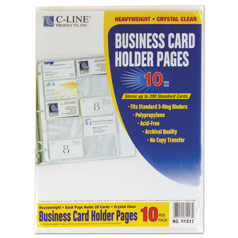 Business Card Binder Pages, Holds 20 Cards, 8 1-8 X 11 1-4, Clear, 10-pack