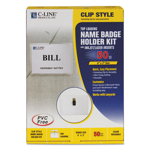Name Badge Kits, Top Load, 4 X 3, Clear, 50-box
