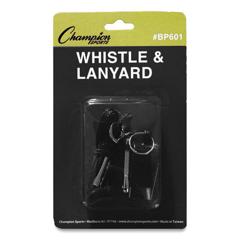 Sports Whistle With Black Nylon Lanyard, Plastic, Black