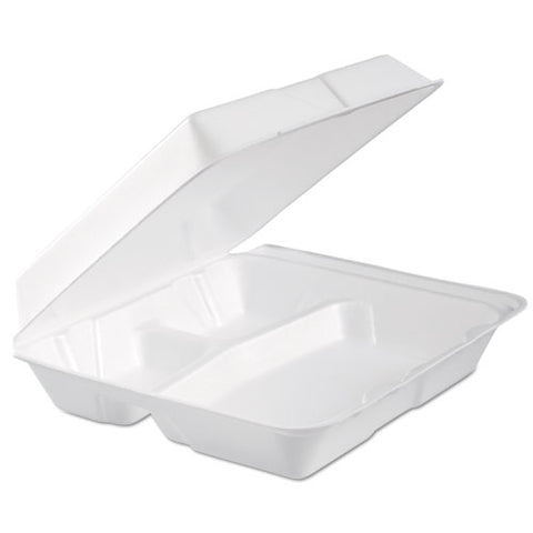Foam Hinged Lid Container, 3-compartment, 9.3 X 9.5 X 3, White, 100-bag, 2 Bag-carton