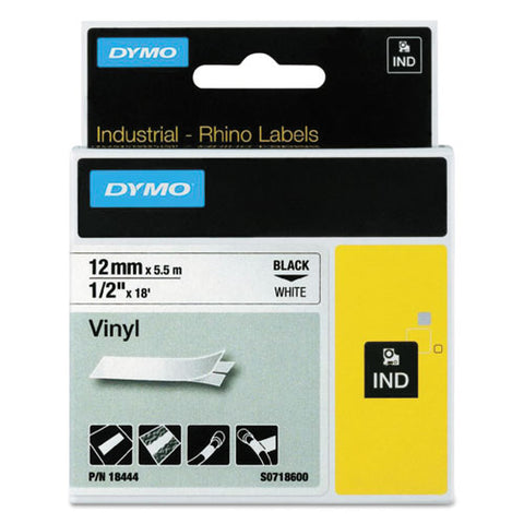 Rhino Permanent Vinyl Industrial Label Tape, 0.5" X 18 Ft, White-black Print