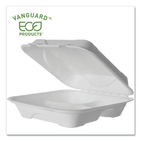 Vanguard Renewable And Compostable Sugarcane Clamshells, 3-compartment, 9 X 9 X 3, White, 200-carton
