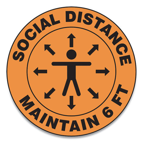 Slip-gard Social Distance Floor Signs, 17" Circle, "social Distance Maintain 6 Ft", Human-arrows, Orange, 25-pack