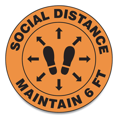 Slip-gard Social Distance Floor Signs, 12" Circle, "social Distance Maintain 6 Ft", Footprint, Orange, 25-pack