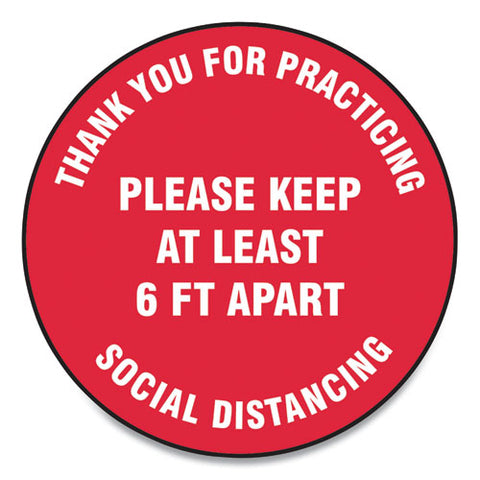 Slip-gard Floor Signs, 17" Circle, "thank You For Practicing Social Distancing Please Keep At Least 6 Ft Apart", Red, 25-pack