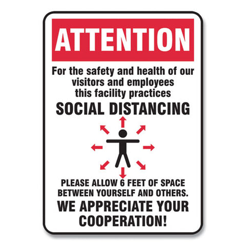 Social Distance Signs, Wall, 7 X 10, Visitors And Employees Distancing, Humans-arrows, Red-white, 10-pack