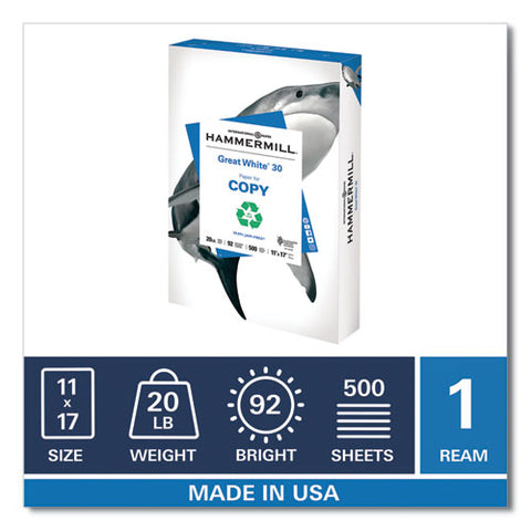 Great White 30 Recycled Print Paper, 92 Bright, 20lb, 11 X 17, White, 500-ream