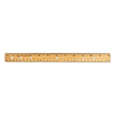 Beveled Wood Ruler W-single Metal Edge, 3-hole Punched, 12", Natural, 36-box