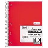 Spiral Notebook, 5 Subjects, Medium-college Rule, Assorted Color Covers, 10.5 X 8, 180 Sheets