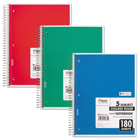 Spiral Notebook, 5 Subjects, Medium-college Rule, Assorted Color Covers, 10.5 X 8, 180 Sheets