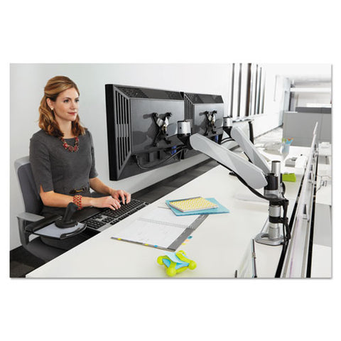 Easy-adjust Desk Dual Arm Mount For 27" Monitors, 360 Deg Rotation, +90--15 Deg Tilt, 360 Deg Pan, Silver, Supports 20 Lb