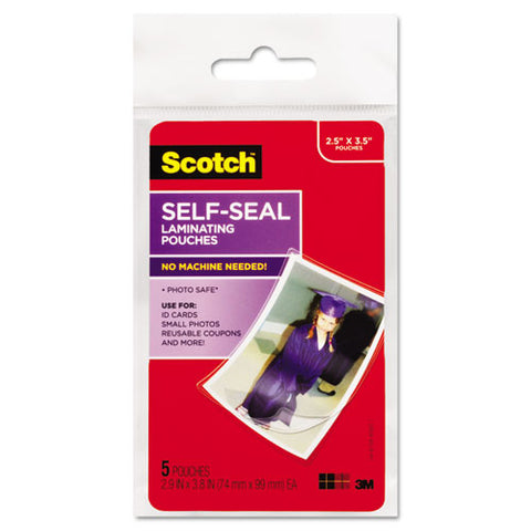 Self-sealing Laminating Pouches, 9.5 Mil, 2.81" X 3.75", Gloss Clear, 5-pack