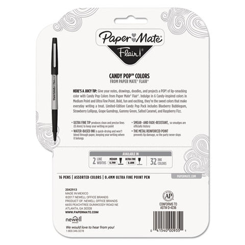 Flair Felt Tip Stick Porous Point Pen, Extra-fine 0.4 Mm, Assorted Colors Ink, Gray Barrel, 16-pack