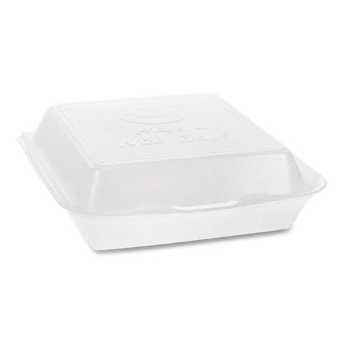 Foam Hinged Lid Containers, Dual Tab Lock Happy Face, 8 X 7.75 X 2.25, White, 200-carton