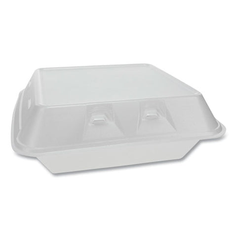 Smartlock Vented Foam Hinged Lid Containers, 3-compartment, 9 X 9.25 X 3.25, White, 150-carton