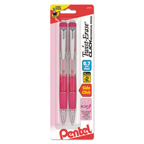 Twist-erase Click Mechanical Pencil, 0.7 Mm, Hb (#2.5), Black Lead, Pink Barrel, 2-pack