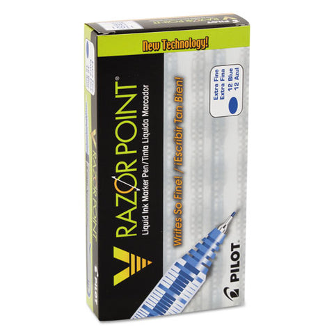 V Razor Point Liquid Ink Stick Marker Pen, 0.5mm, Blue Ink, Gray Barrel, Dozen