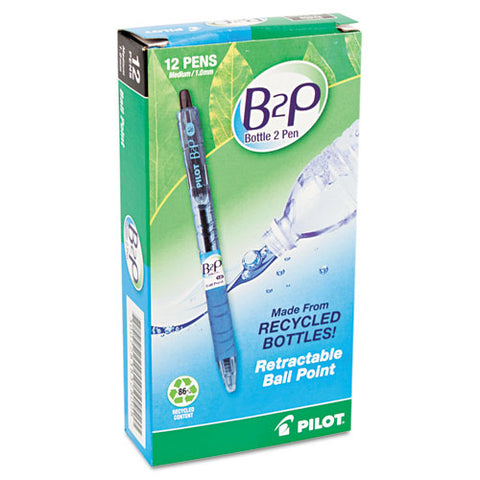 B2p Bottle-2-pen Retractable Ballpoint Pen, 1mm, Black Ink, Translucent Blue Barrel, Dozen