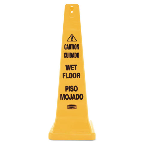 Four-sided Caution, Wet Floor Yellow Safety Cone, 12 1-4 X 12 1-4 X 36h