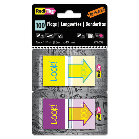 Pop-up Fab Page Flags W-dispenser, "look!", Purple-yellow; Yellow-teal, 100-pack