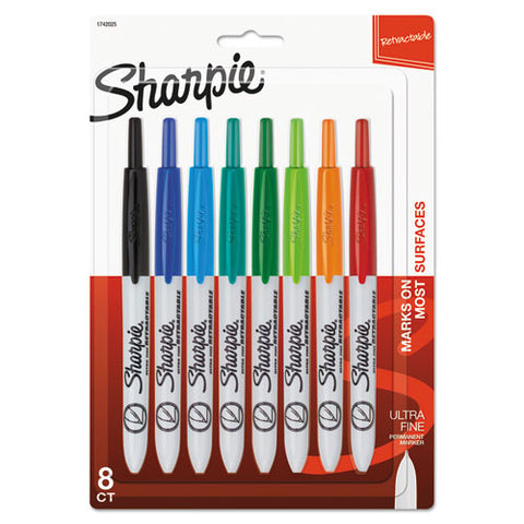 Retractable Permanent Marker, Extra-fine Needle Tip, Assorted Colors, 8-set