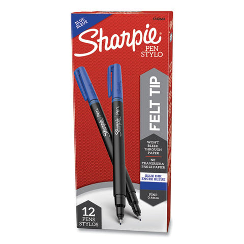Water-resistant Ink Stick Plastic Point Pen, 0.4 Mm, Blue Ink, Black-gray-blue Barrel, Dozen