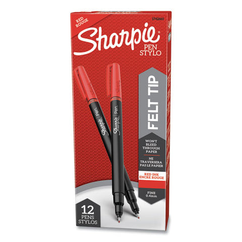 Water-resistant Ink Stick Plastic Point Pen, 0.4 Mm, Red Ink, Black-gray-red Barrel, Dozen