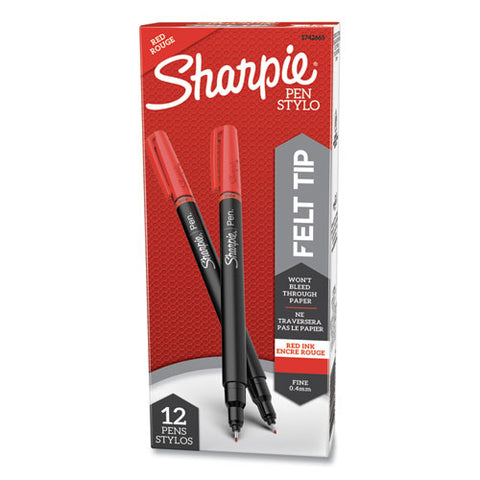Water-resistant Ink Stick Plastic Point Pen, 0.4 Mm, Red Ink, Black-gray-red Barrel, Dozen