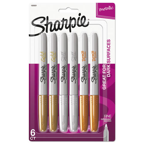 Metallic Fine Point Permanent Markers, Bullet Tip, Gold-silver-bronze, 6-pack