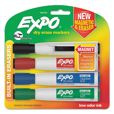 Magnetic Dry Erase Marker, Broad Chisel Tip, Assorted Colors, 4-pack
