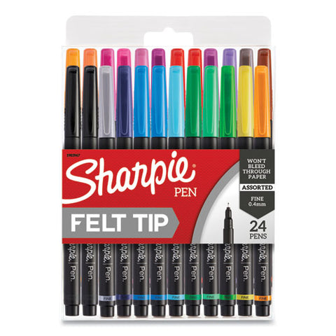 Art Pen Stick Porous Point Pen, Fine 0.4 Mm, Assorted Ink, Black Barrel, 24-pack